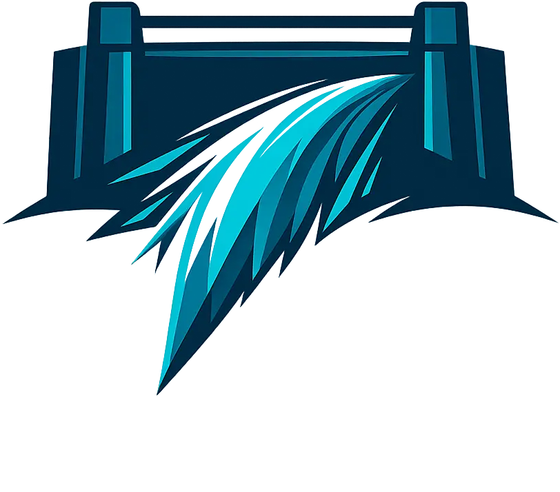 Spillway logo: a controlled cyan flow passing through a dark cobalt dam.